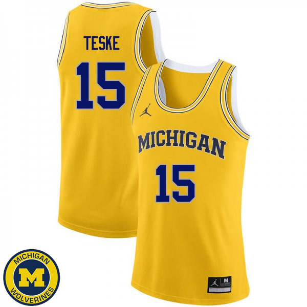 Mens Michigan Wolverines #15 Jon Teske Yellow Embroidery Basketball Jersey